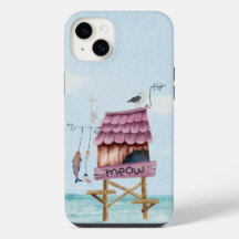 Pink beach fishing hut pier stilts bird fish meow