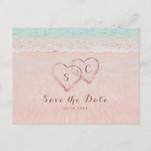 Pink beach hearts in the sand save the date announcement postcard