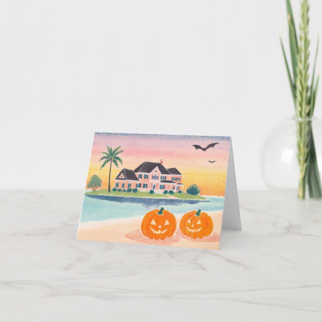Pink Beach House at Halloween - Note Card (Front)