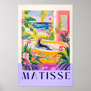 Pink Beach House Decor, Sea Lion In Bathtub Matiss Poster