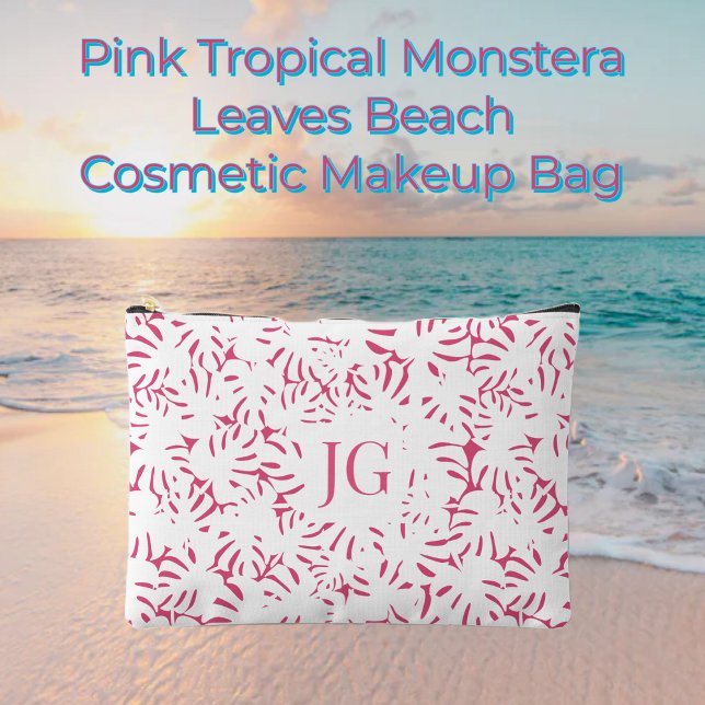 Pink Beach Monstera Tropical Leaves  Accessory Pou Pouch (Pink Tropical Monstera Leaves Beach Cosmetic Makeup Bag, Travel Pouch, Hawaiian)