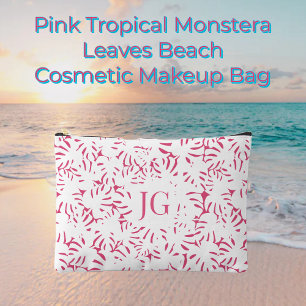 Pink Beach Monstera Tropical Leaves Accessory Pouch