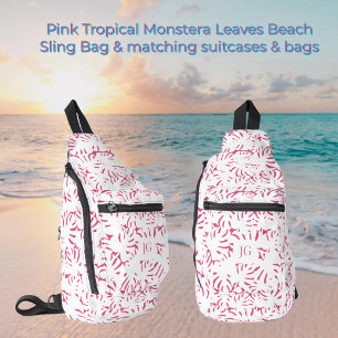 Pink Beach Monstera Tropical Leaves Sling Bag