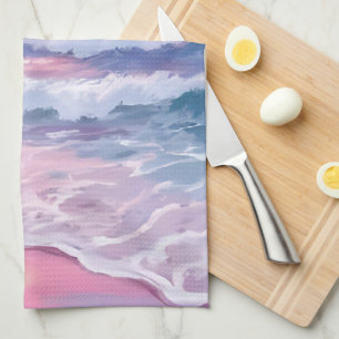 Pink Beach Ocean Shore Coastal Painting  Tea Towel