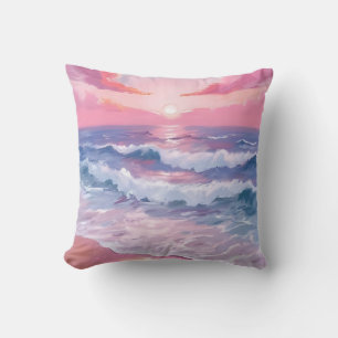 Pink Beach Ocean Shore Painted Cushion