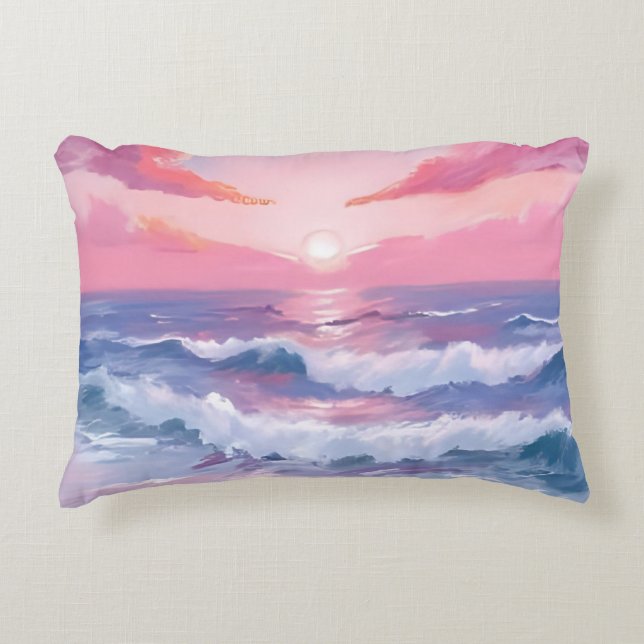 Pink Beach Ocean Shore Painted Decorative Cushion (Front)