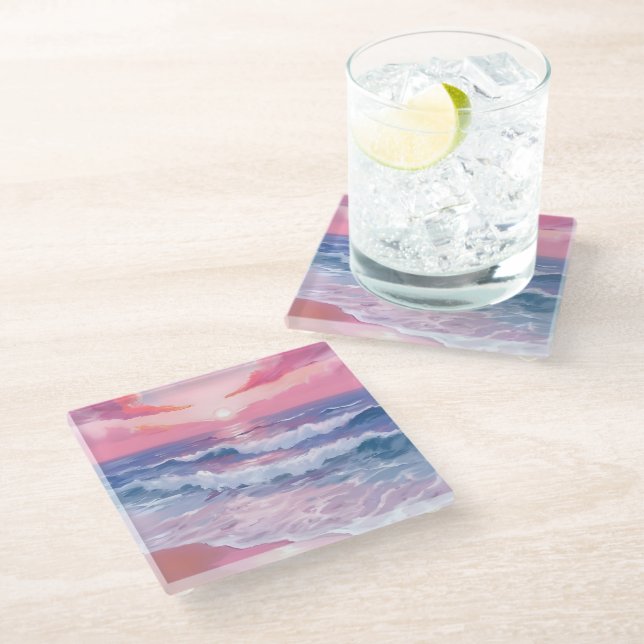 Pink Beach Ocean Shore Painted Glass Coaster (Angled)