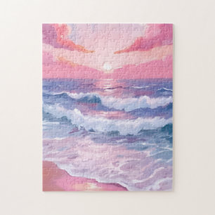 Pink Beach Ocean Shore Painted Jigsaw Puzzle