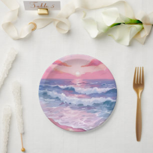 Pink Beach Ocean Shore Painted Paper Plate