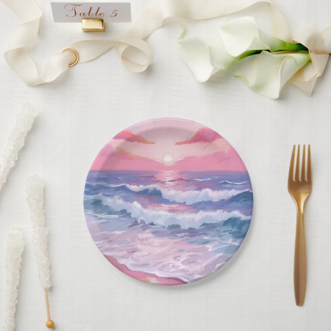 Pink Beach Ocean Shore Painted Paper Plate (Wedding)