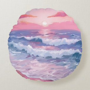 Pink Beach Ocean Shore Painted Round Cushion