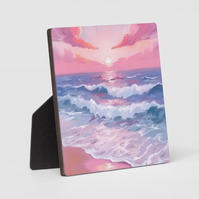 Pink Beach Ocean Shore Painting Art Plaque (Front)