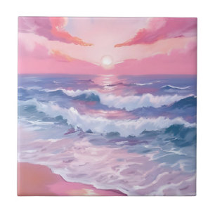 Pink Beach Ocean Shore Painting Art Tile