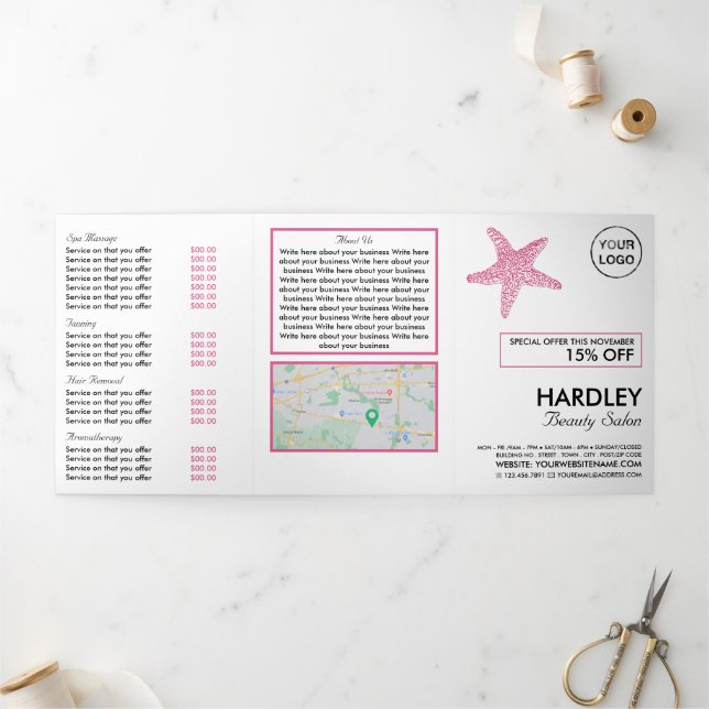 Pink Beach Starfish, Beauty Salon Tri-Fold Flyer (Outside)