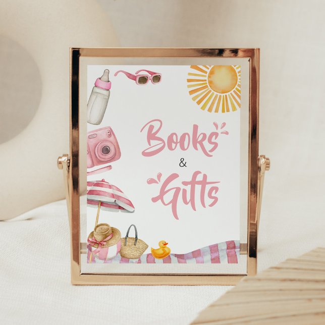 Pink Beach Summer Baby Shower Books and Gifts Poster (Splish Splash Baby Shower Books and Gifts Sign)
