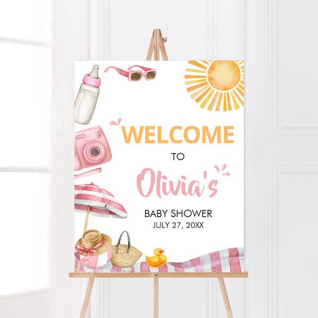 Pink Beach Summer Baby Shower Welcome Poster (Splish Splash Baby Shower Welcome Sign)