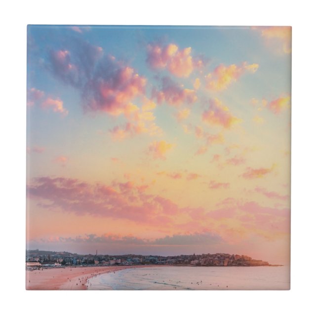 Pink beach sun golden skies beautiful vacation  tile (Front)