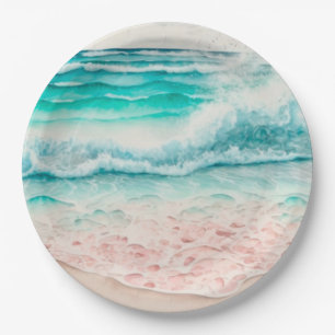 Pink beach waves paper plate