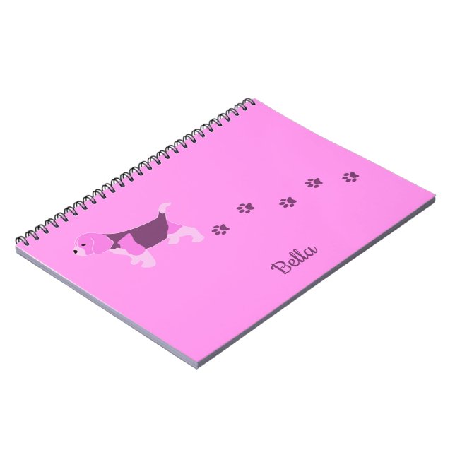 Pink Beagle Dog Art with Paw Prints Custom Name Notebook (Left Side)