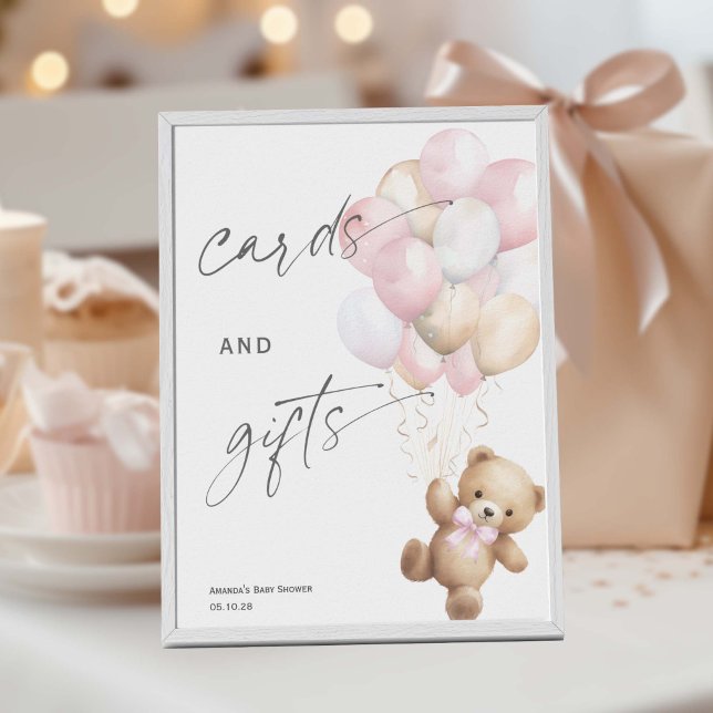 Pink Bealy wait, Cards and Gifts Girl Shower Sign (Pink Baby Boy Shower, We Can Bearly Wait Themed Cards and gifts sign)