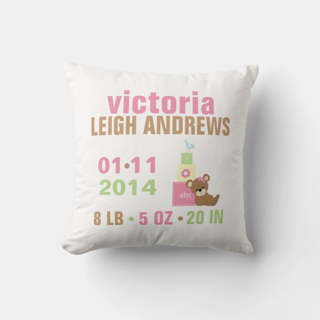 Pink Bear and Toy Blocks Baby Birth Announcement Cushion (Front)
