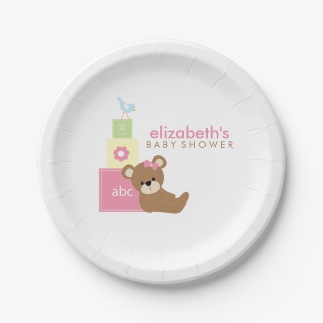 Pink Bear and Toy Blocks Baby Shower Paper Plate (Front)