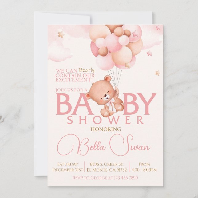 Pink Bear baby girl baby shower invitation (Front)