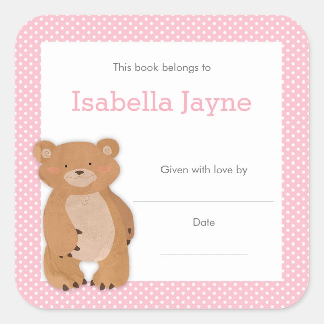 Pink Bear Baby Shower Bookplate, girl book plate Square Sticker (Front)