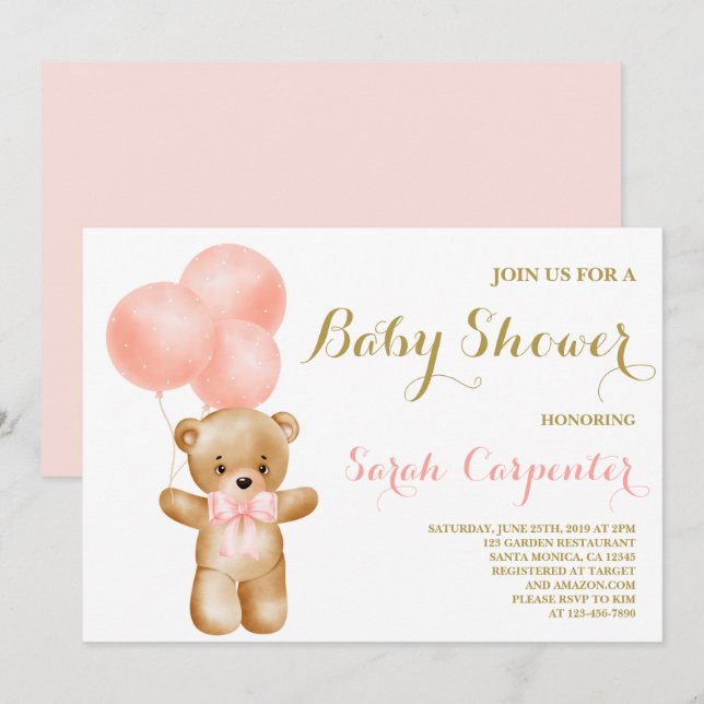 Pink Bear Baby shower girl Invitation (Front/Back)