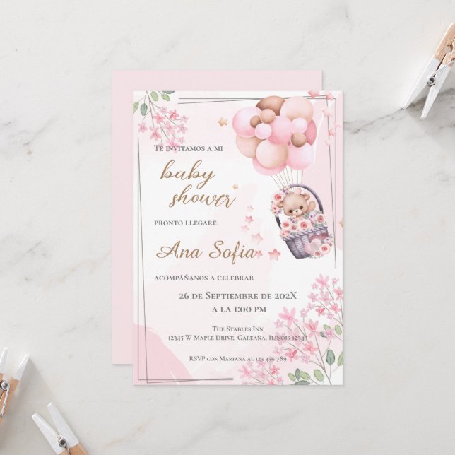 Pink bear baby shower invitation (Front/Back In Situ)