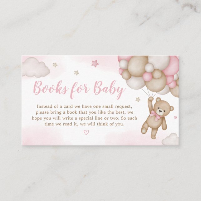 Pink Bear Balloon Baby Shower Books for Baby Enclosure Card (Front)
