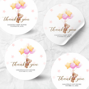 Pink Bear Balloon Baby Shower Classic Round Sticker