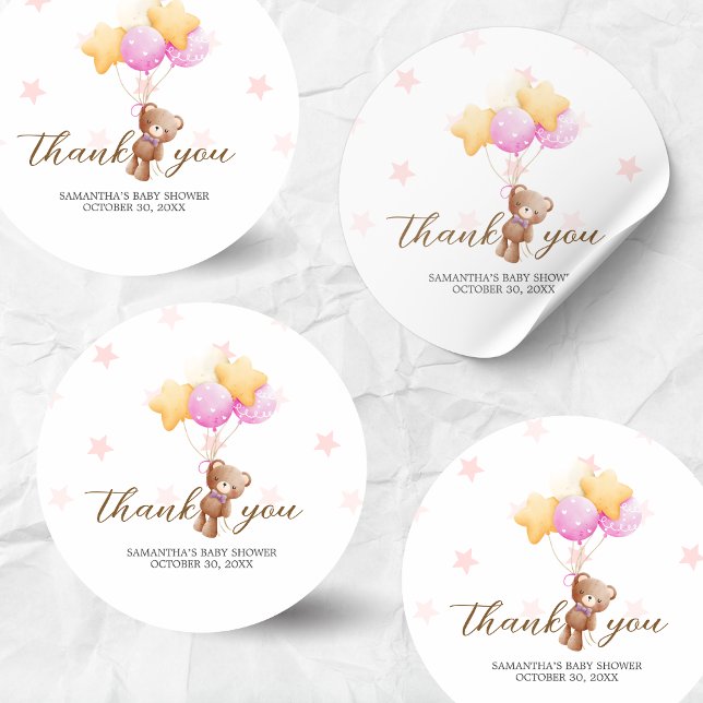 Pink Bear Balloon Baby Shower Classic Round Sticker (Girl We Can Bearly Wait Balloon Baby Shower Sticker)