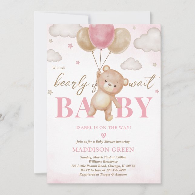 Pink Bear Balloon Baby Shower Invitation (Front)