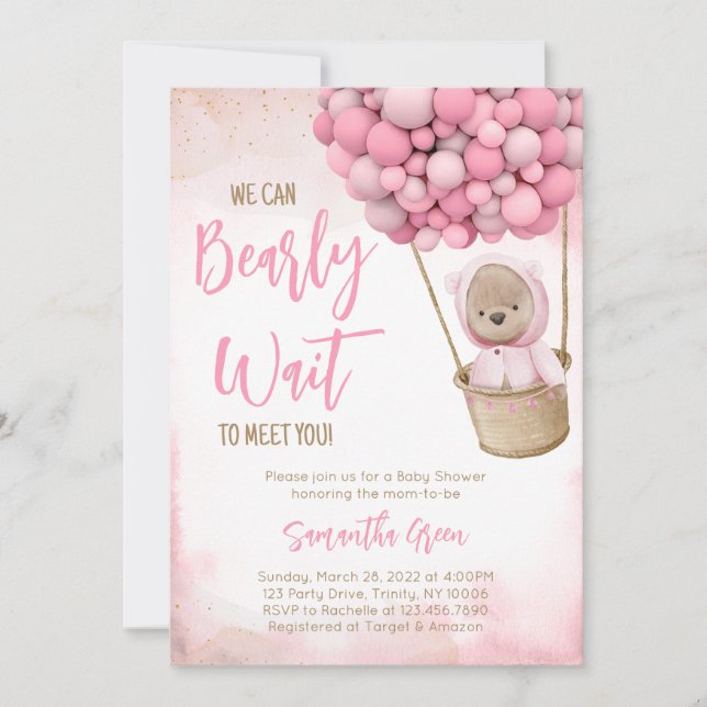 Pink Bear Balloon Baby Shower Invitation (Front)