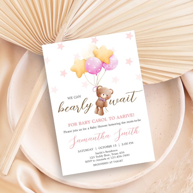 Pink Bear Balloon Baby Shower Invitation (Girl We Can Bearly Wait Balloon Baby Shower Invitation)