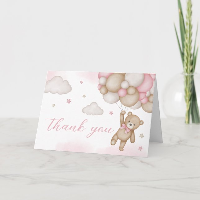 Pink Bear Balloon Baby Shower  Thank You Card (Front)