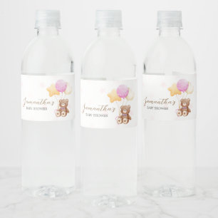 Pink Bear Balloon Baby Shower Water Bottle Label