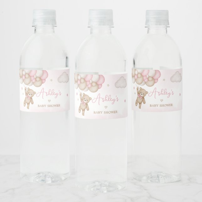 Pink Bear Balloon Baby Shower  Water Bottle Label (Bottles)