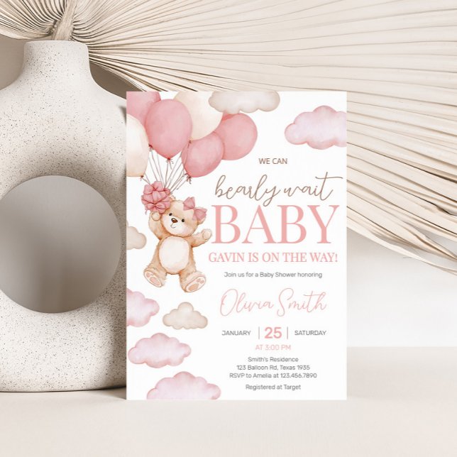 Pink Bear Balloon Bearly Wait Baby Shower Invitation (Pink Bearly Wait Baby Bear Balloon Baby Shower Invitation
)