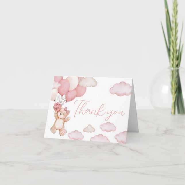 Pink Bear Balloon Bearly Wait Baby Shower Thank You Card (Front)
