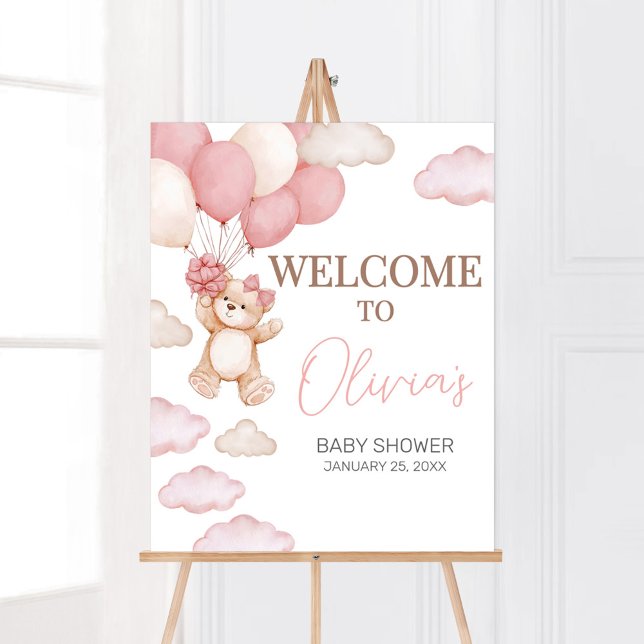 Pink Bear Balloon Bearly Wait Baby Shower Welcome Poster (Pink Baby Bear Balloon Baby Shower Welcome Sign)