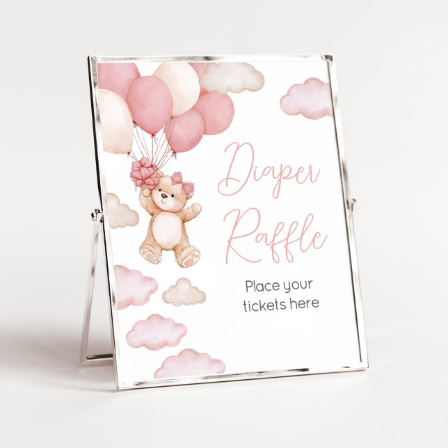 Pink Bear Balloon Bearly Wait Diaper Raffle Poster (Pink Baby Bear Balloon Baby Shower Diaper Raffle Sign)