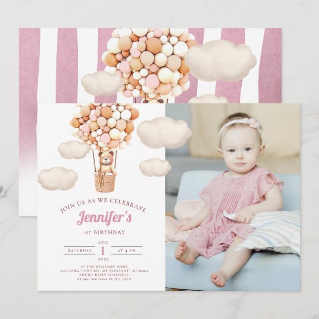 Pink Bear Balloons First Birthday Girl Invitation (Front/Back)