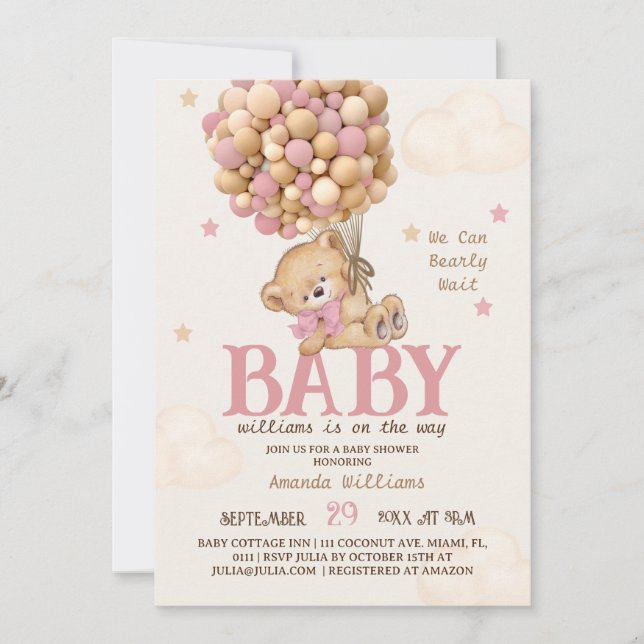 Pink Bear Balloons Girl Baby Shower Invitation (Front)