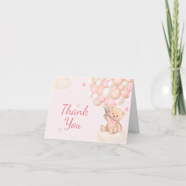 Pink Bear Balloons Girl Baby Shower Thank You Card (Front)