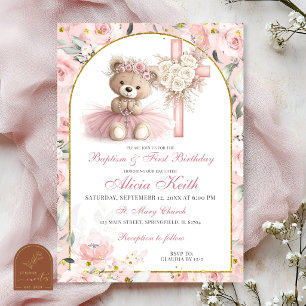 Pink Bear Baptism & First Birthday Invitation