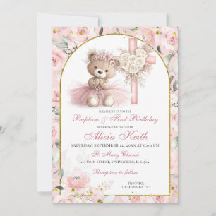 Pink Bear Baptism & First Birthday Invitation