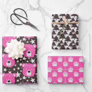 Pink Bear, Bear Paws, and Trees Woodland Forest Wr Wrapping Paper Sheet