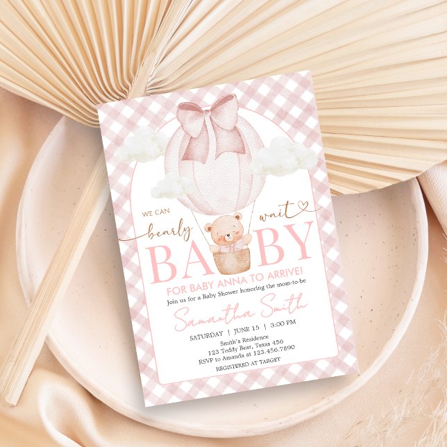 Pink Bear Bearly Wait Baby Shower Invitation (Bearly Wait Baby Shower Invitation)